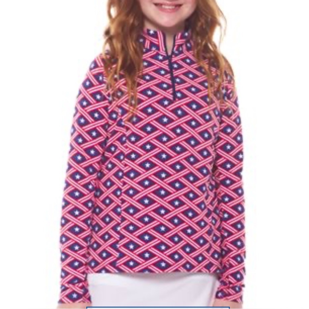 IBKUL Americana Youth Long Sleeve Zip Mock Neck Polo Shirt Patriotic Large
